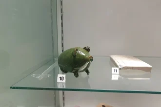 A traditional piggy bank displayed in a museum, a symbol of basic saving habits