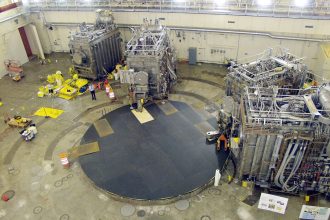 A fusion reactor during a plasma test