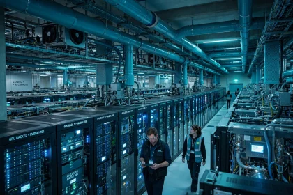 Rows of servers inside a modern AI data centre