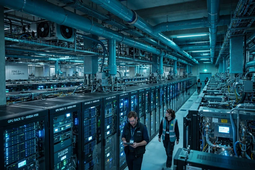 Rows of servers inside a modern AI data centre
