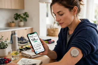 Person using a continuous glucose monitor and checking readings on a smartphone