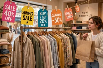 Colourful discount and sale tags hanging over a clothing rack in a shop
