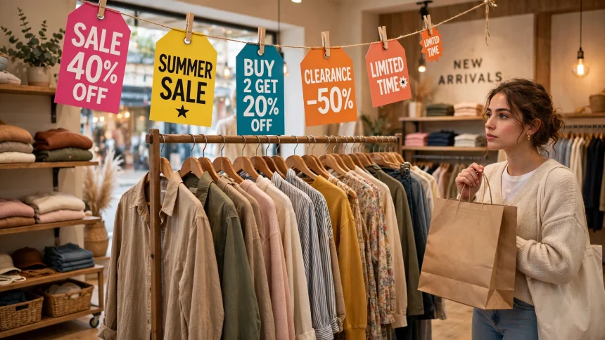 Colourful discount and sale tags hanging over a clothing rack in a shop